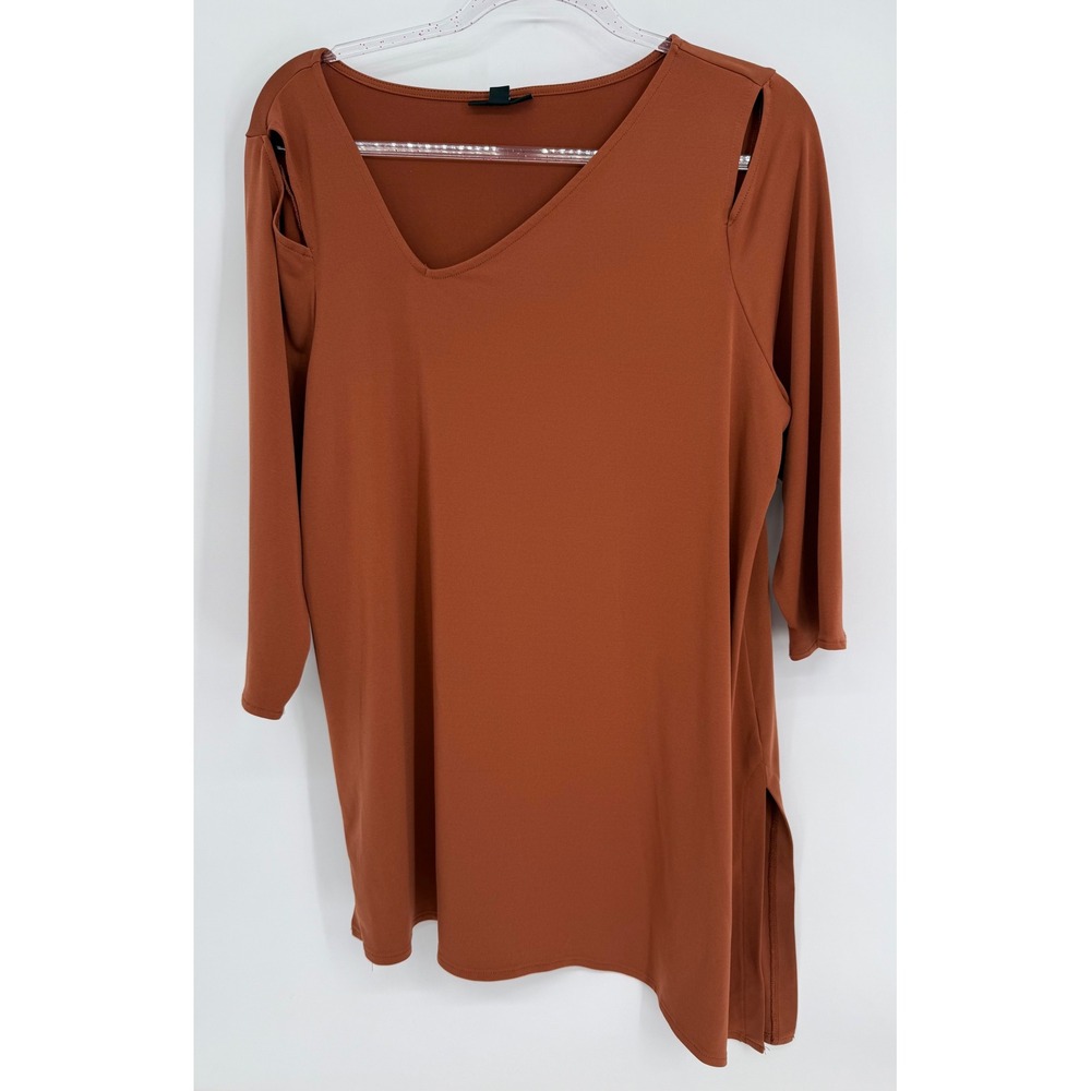Alfani Womens Rust Asymmetrical Cold Shoulder Tunic Top Sz L 3/4 Sleeve Hem Slit